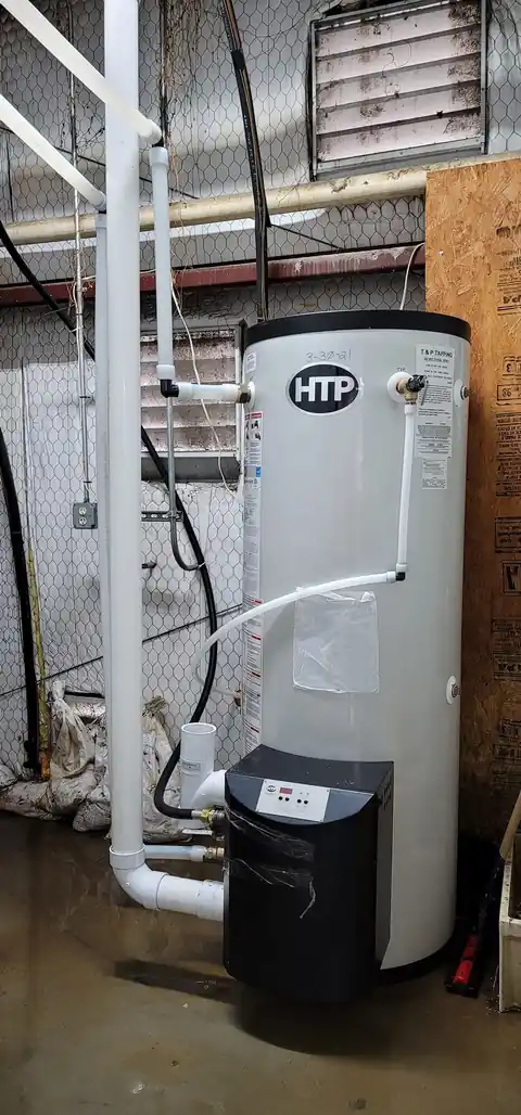 HTP water heater installed in a utility room